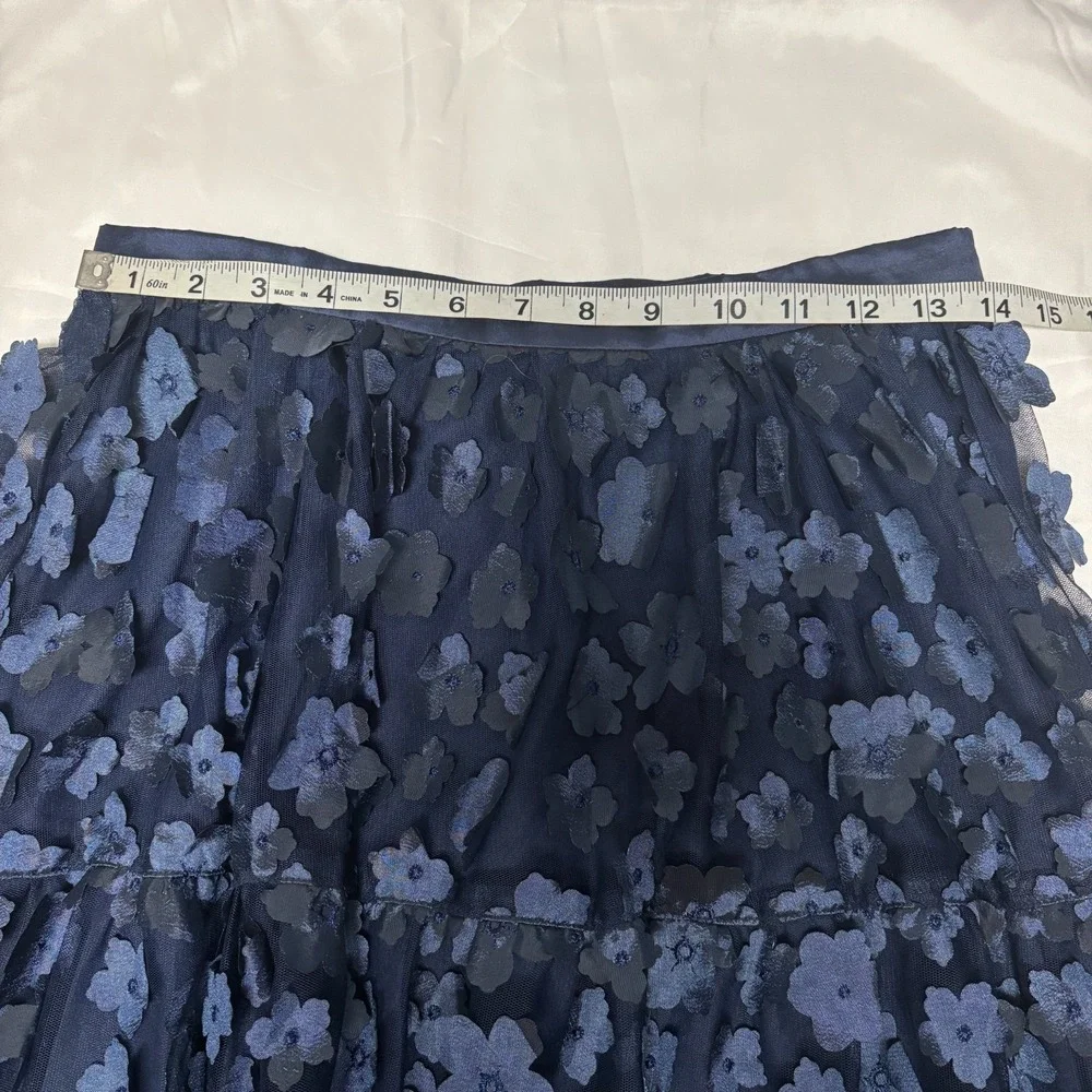 Eva‎ Franco Navy Blue Tiered Skirt Floral Applique Mesh Midi 6